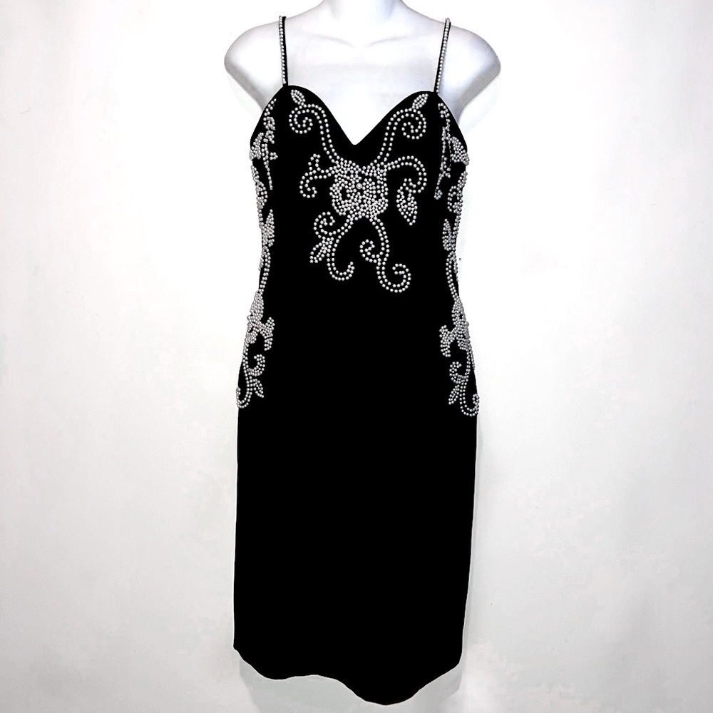 •nwt• Caché vintage black deep sweetheart fitted pearl embellished midi dress